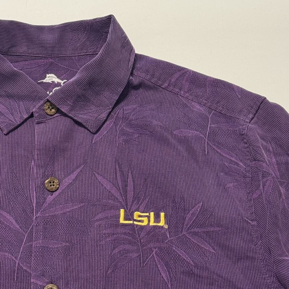 LSU Tommy Bahama Bali Border Floral 100% Silk Camp Shirt Men's L Purple Resort